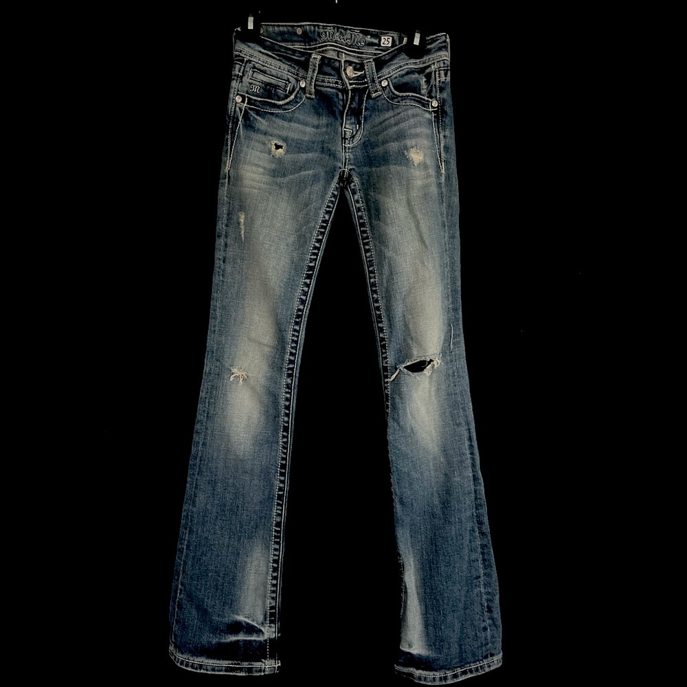 Brand: Miss Me/Size:25/ Color:Medium Blue with Rhinestoned patch designs on back